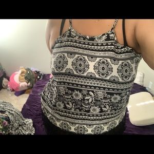 Tribal print top. Black and white with fringe